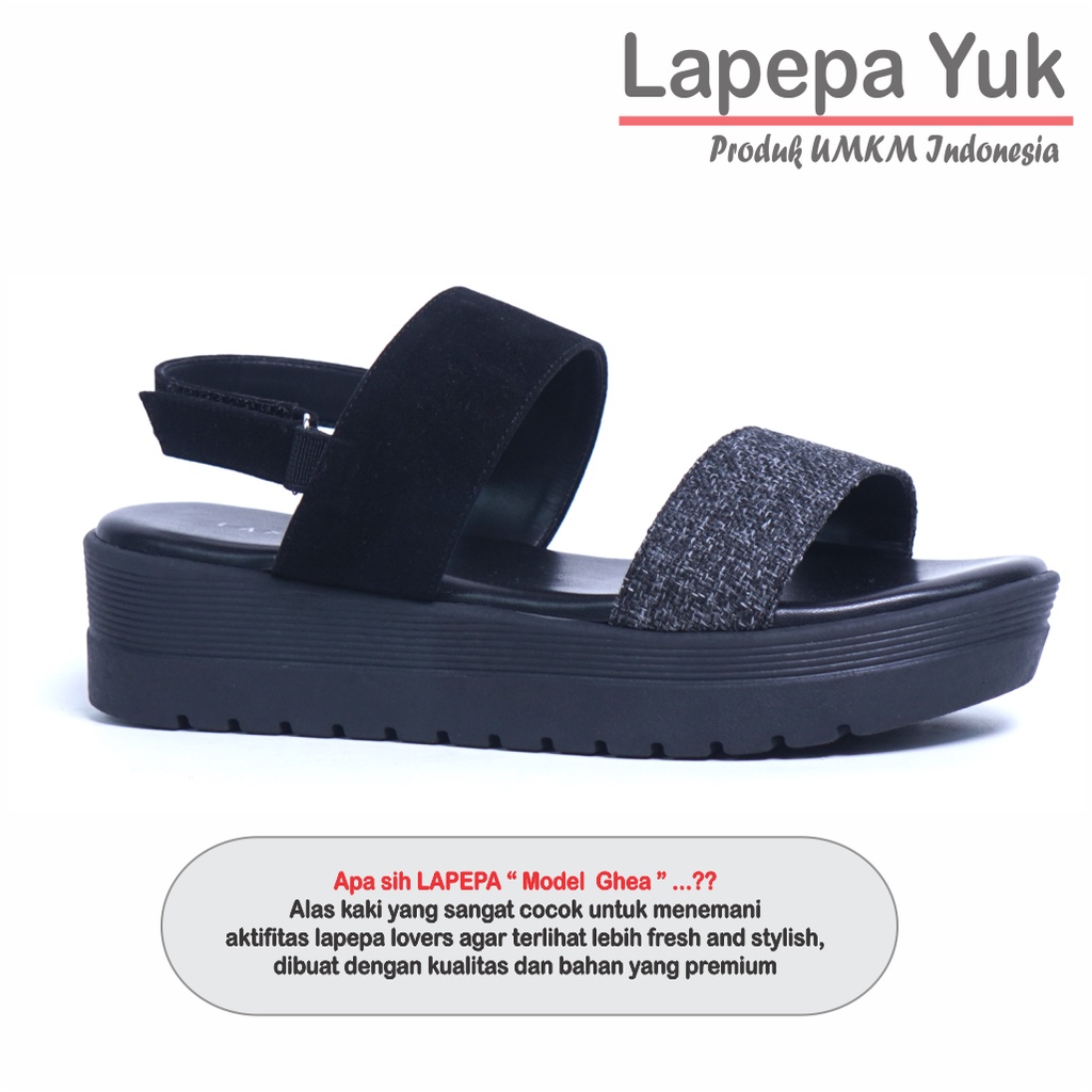 LAPEPA YUK -  Sepatu Sandal Wanita Wedges GHEA Model Ban dua Tali Strap belakang Hak Tinggi Sole 4 cm Spatu Sendal Gunung Cewek  Size 36 37 38 39 40 Warna BLACK Hitam Cewe Kekinian Premium Terbaru Shoes Ori Original Mall Official Store Promo