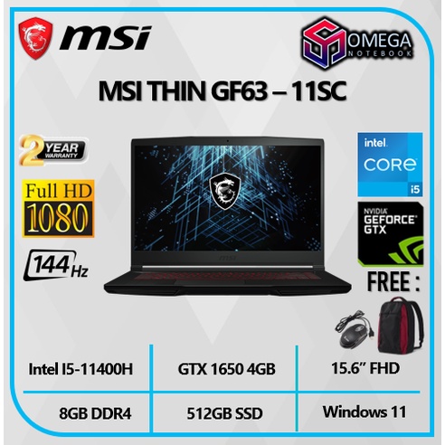 MSI GF63 Thin i5-11400H 8GB 512GB GTX1650 4GB 15.6&quot;FHD 144Hz W10 Gaming Murah