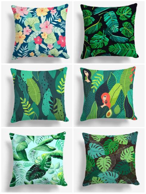 Bantal sofa motif daun hijau cakep