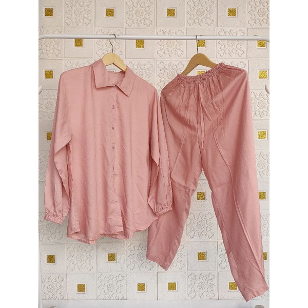 pajamas tangan panjang Karet / ONE SET PIYAMA KERAH KARET/ PAJAMAS POLOS RAYON