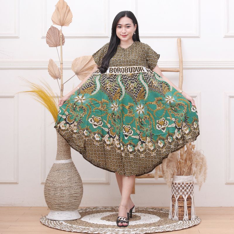 DASTER PAYUNG JUMBO COKLAT KANCING DEPAN BUSUI BUMIL-Salur hijau