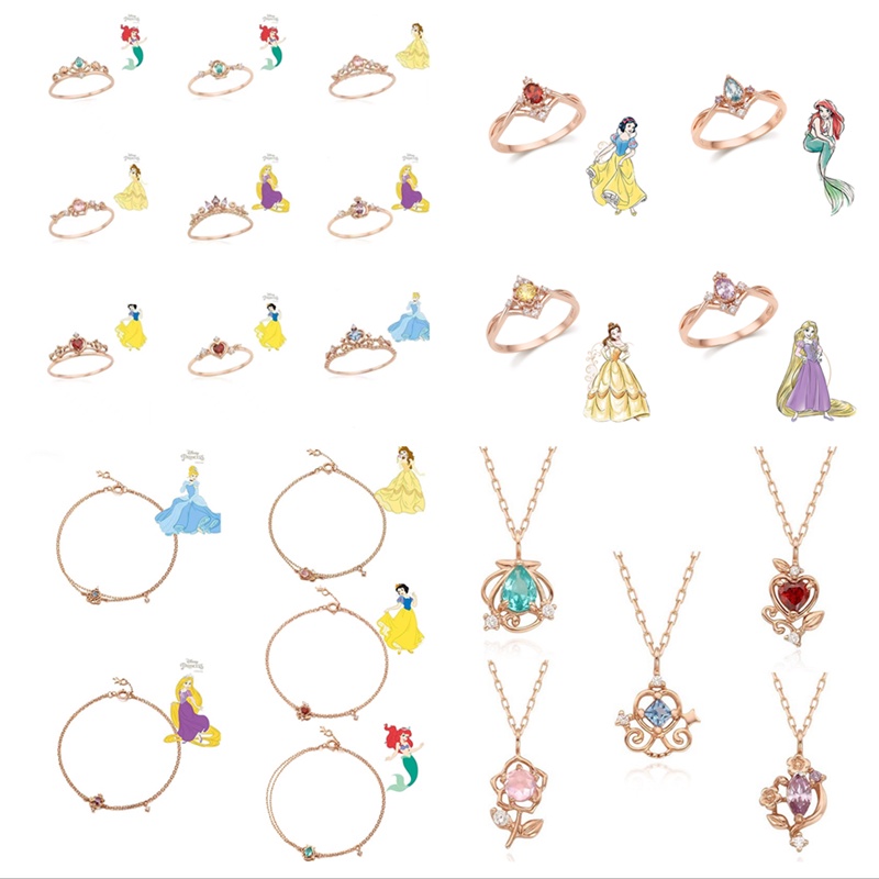 Disney Set Perhiasan Cincin Kalung Gelang 18k Rose Gold Plated Aksen Berlian Untuk Hadiah Wanita