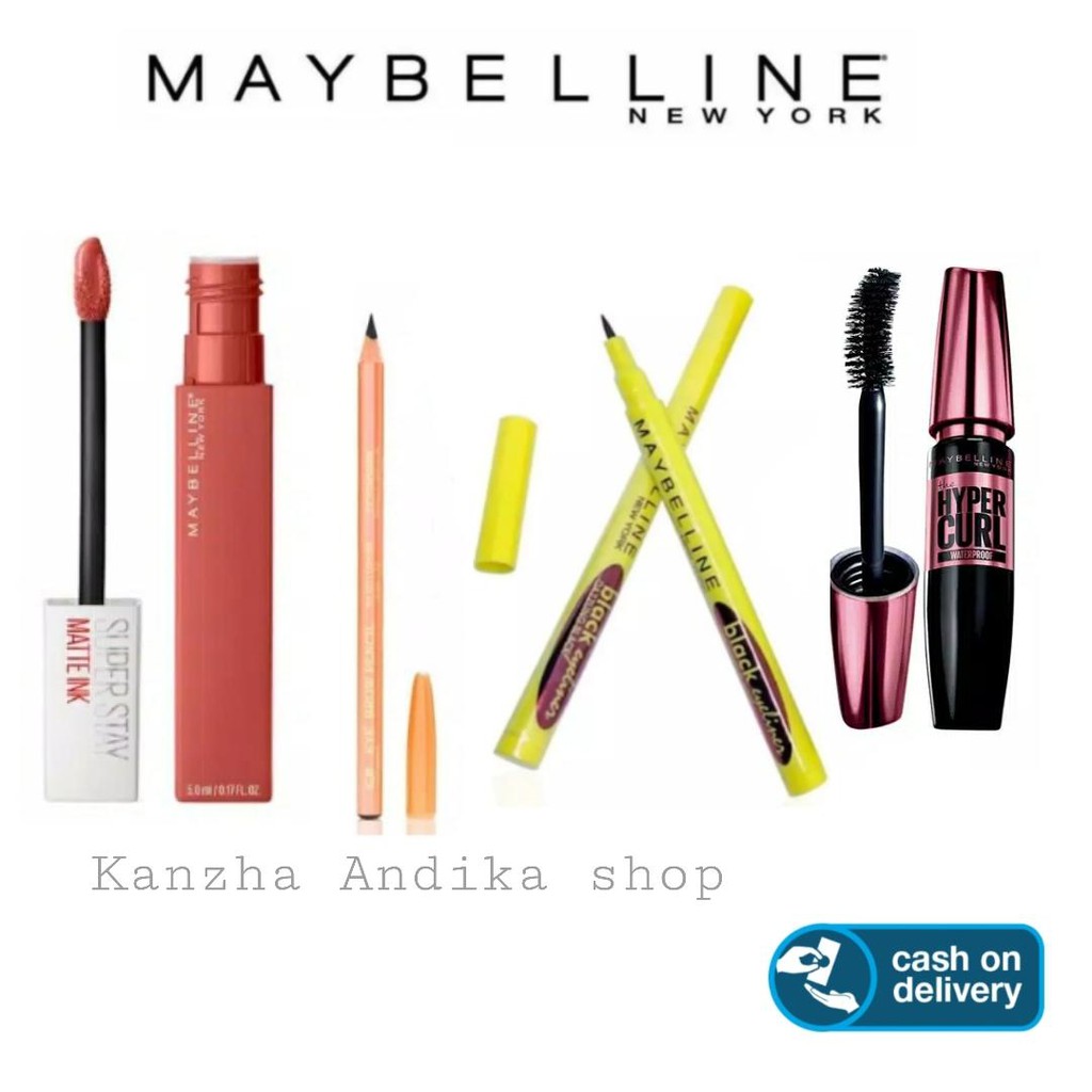 Paket Hemat Maskara Hypercurl + Pensil Alis + Lipcream + Eyeliner Spidol Maybelline kosmetik murah