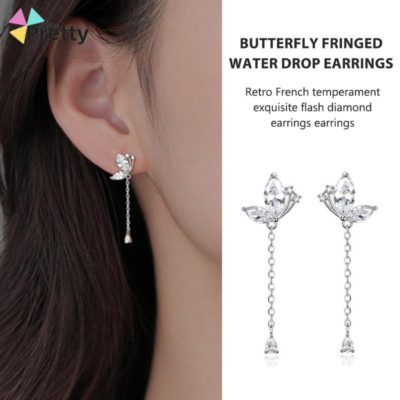 Anting Kupu-kupu Rumbai Drop Earrings Retro French Temperamen Indah Flash Diamond Earrings - PD