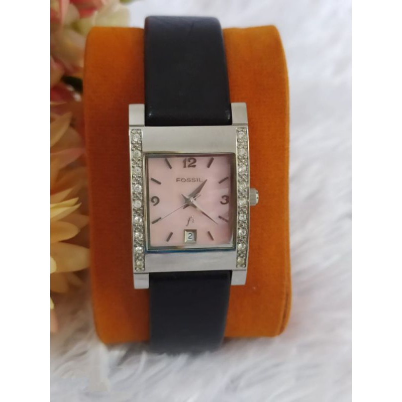 Jam Fossil Pearl Pink Dial Black Leather Authentic | Jam Fossil Wanita Original