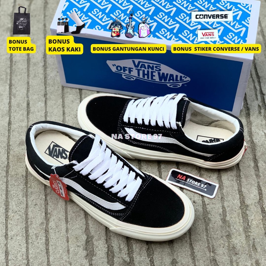 (GRATIS KAOS KAKI &amp; STIKER) Vans Oldskool OG Premium Quality Black White Sepatu Sekolah