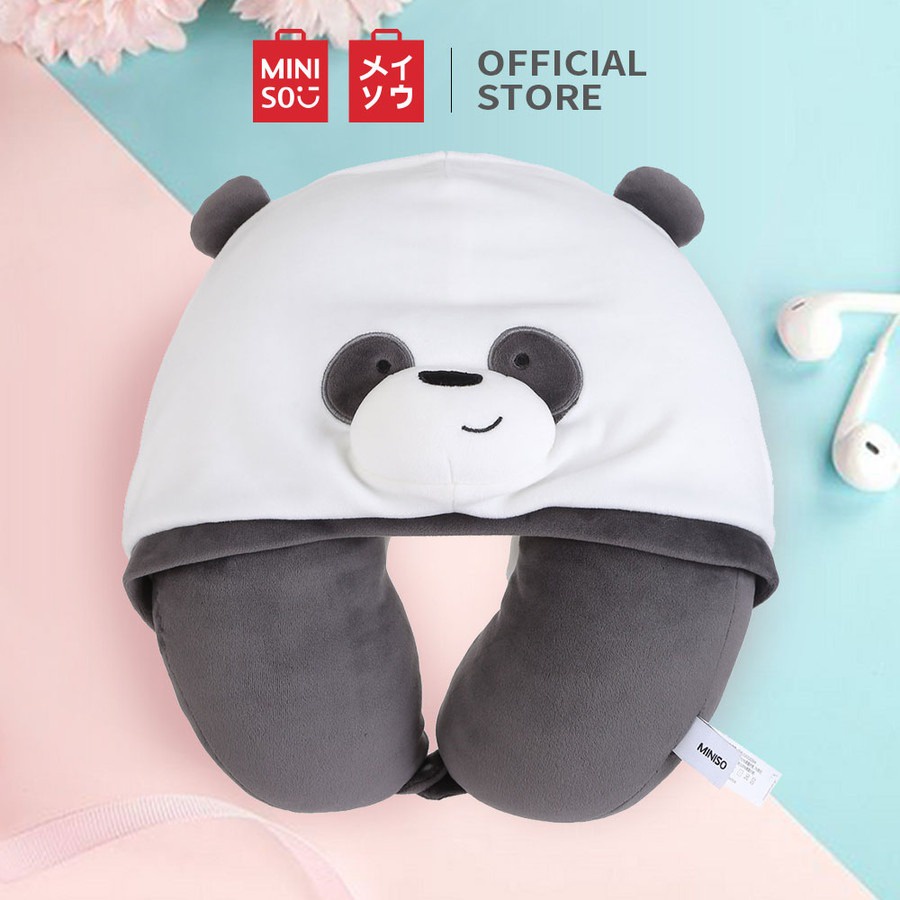 Miniso We Bare Bears U-Shaped Pillow With Hoodie Plus Bantal Leher Topi Tudung