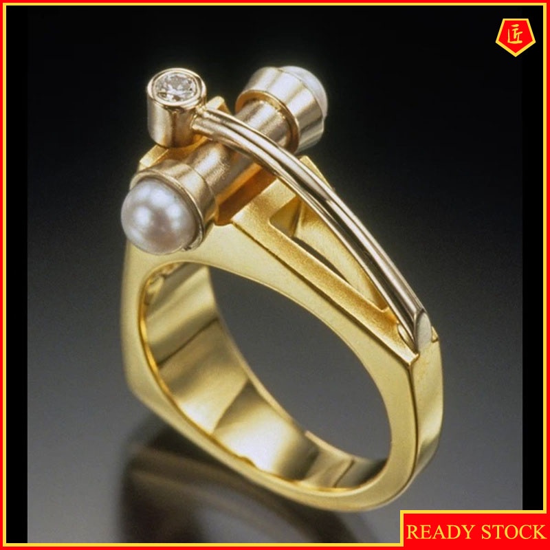[Ready Stock]Creative Inlaid Pearl Gold Ring Dumbbell Screw Shape
