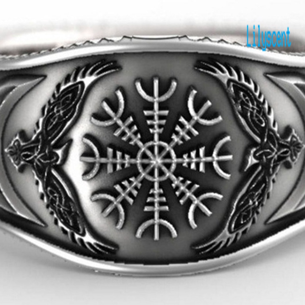 Lily Cincin Lebar Motif Ukiran Elang Kompas Bahan Alloy Warna Silver Untuk Pria