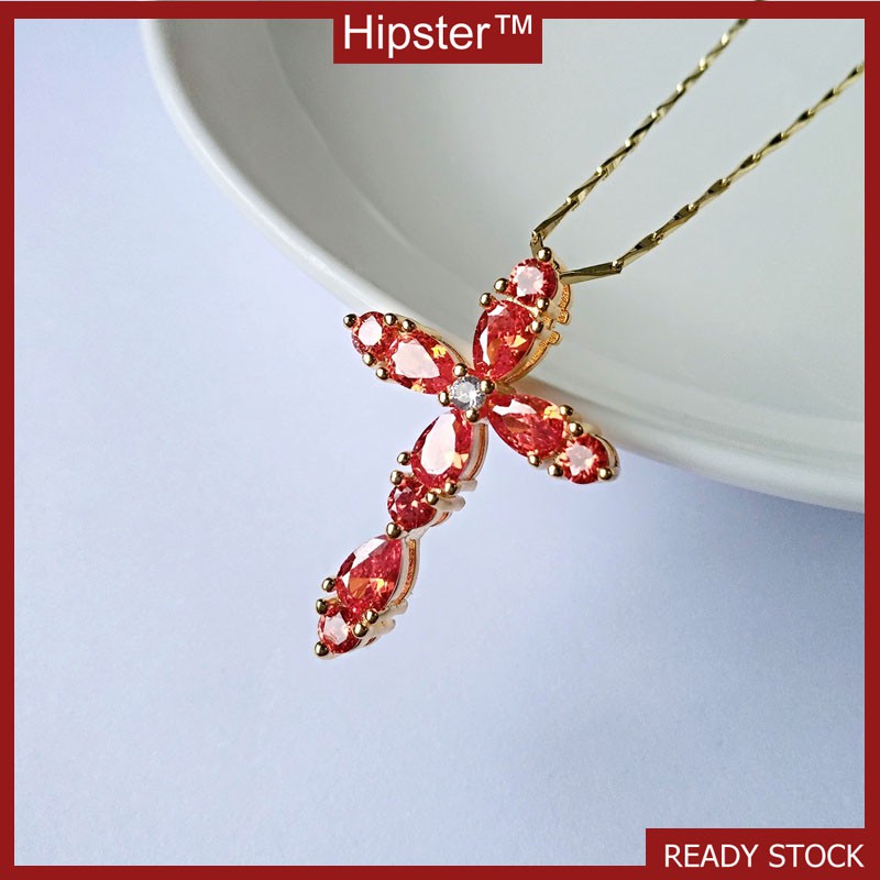 New Personalized Minority Simple and Natural Ruby Cross Pendant Vintage Temperament Clavicle Chain