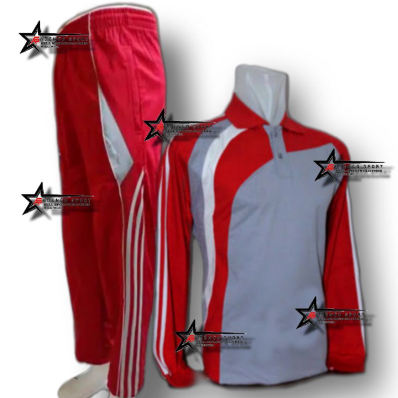 Setelan Kaos Olahraga | Stelan baju Olahraga Lengan Panjang-Abu merah