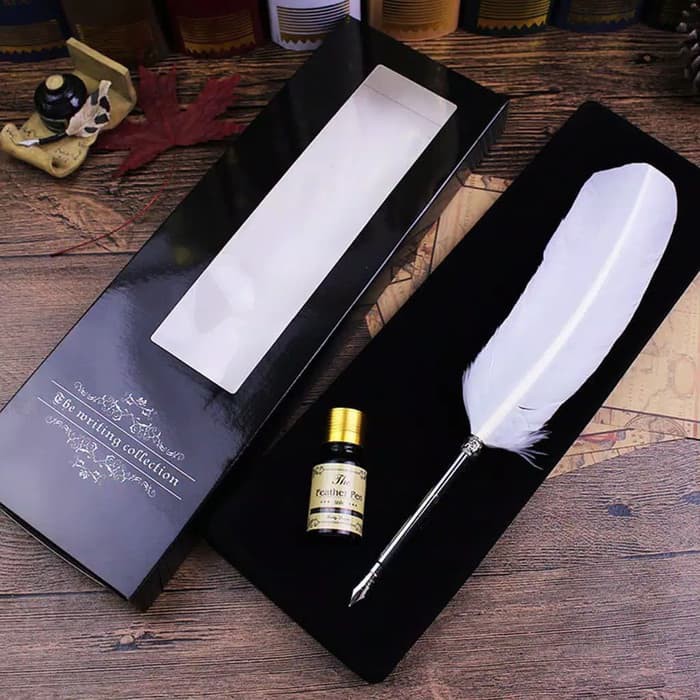 

pen pulpen fountain bulu putih retro vintage termasuk tinta import