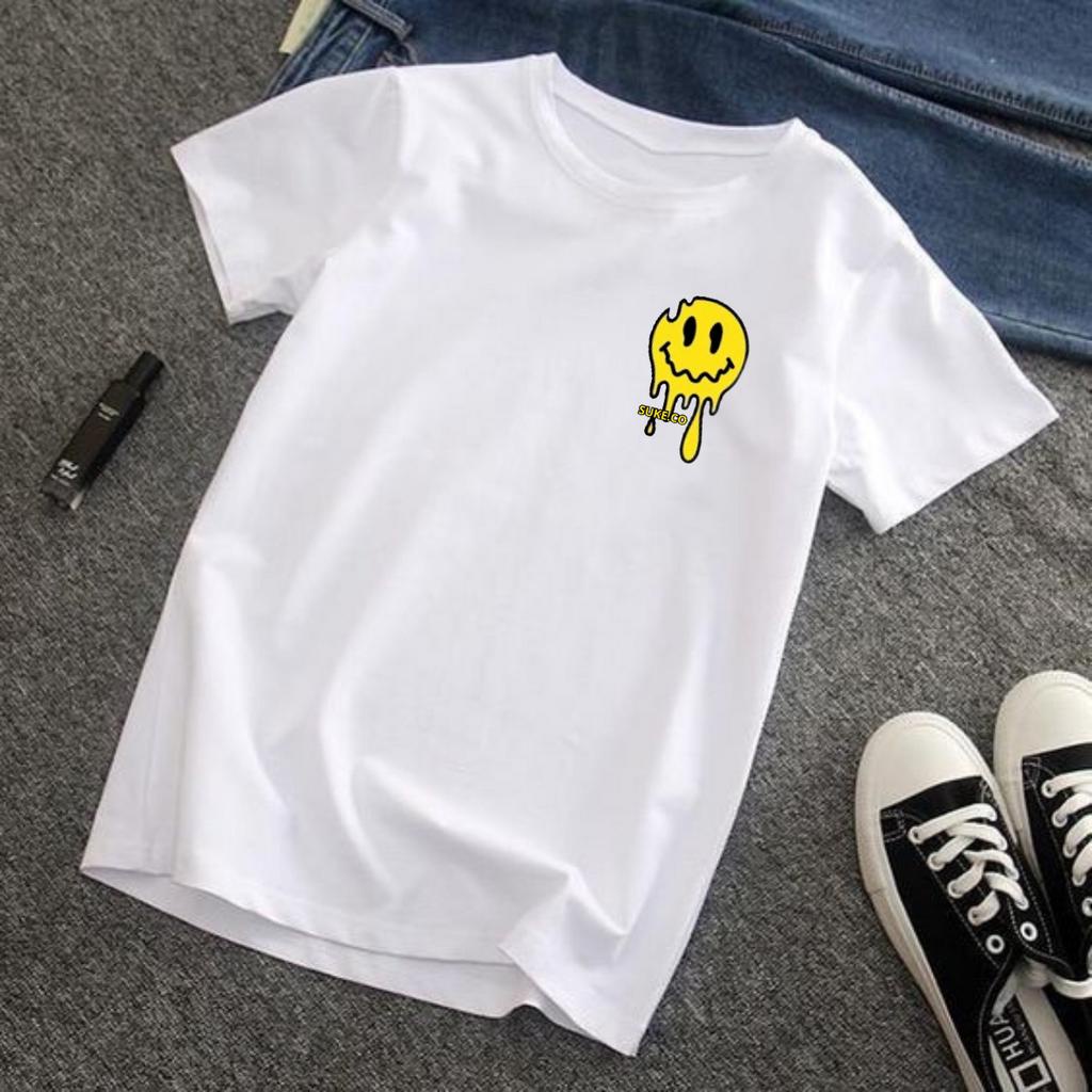 Kaos Distro Pria Cotton Combed Logo Aesthetic / T-shirt Pria Wanita White Oversize / Baju Smile Basic Unisex Casual Premium