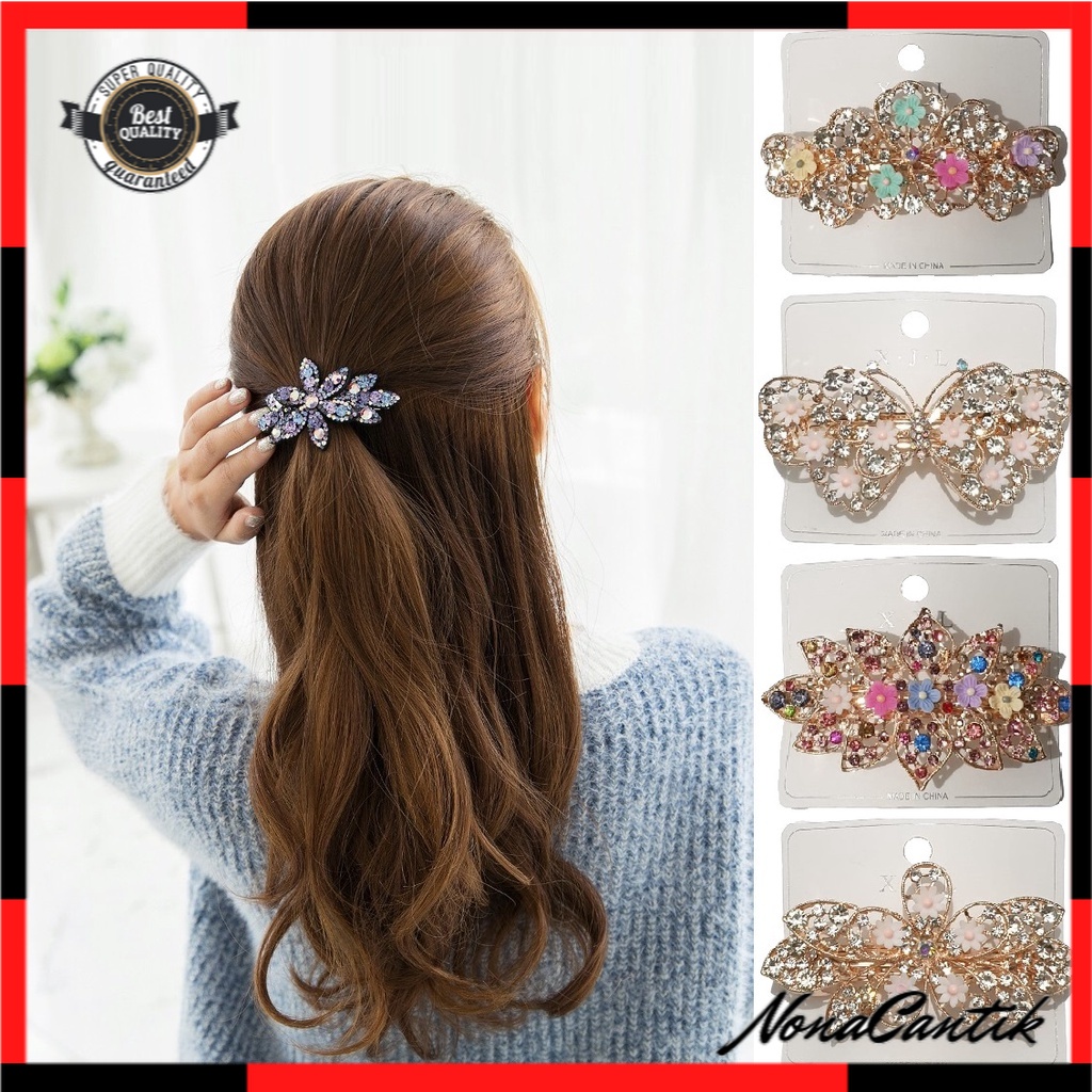 Jepit Rambut Korea Otomatis 9.5cm Jedai Jepitan Besi Alloy Jepit Ponytail PREMIUM Kristal Mutiara Bunga Wanita Dewasa