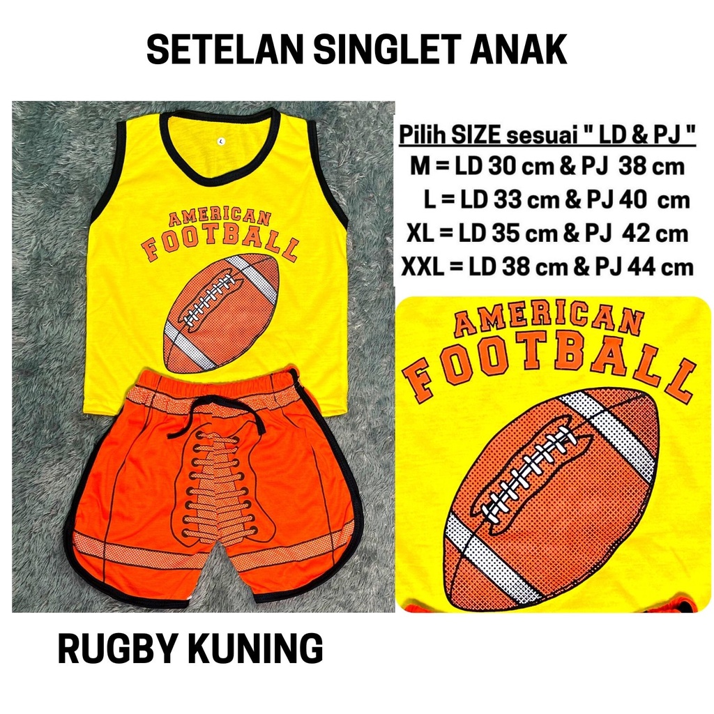 Setelan Anak Laki Laki Baju Kutung Stelan Lekbong Cowok Bola Basket Kaos Singlet Cowo Murah Harian Celana Pendek 3 4 5 6 Tahun Kode 101-101 RUGBY KUNING