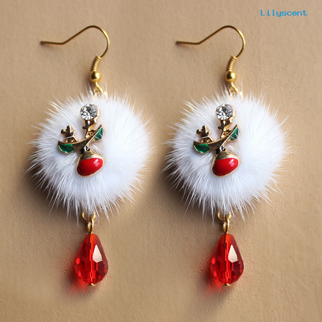 Lilyscent 1 Pair White Plush Ball Red Rhinestone Xmas Earrings Alloy Santa Claus Elk Pendant Hook Earrings Fashion Jewelry