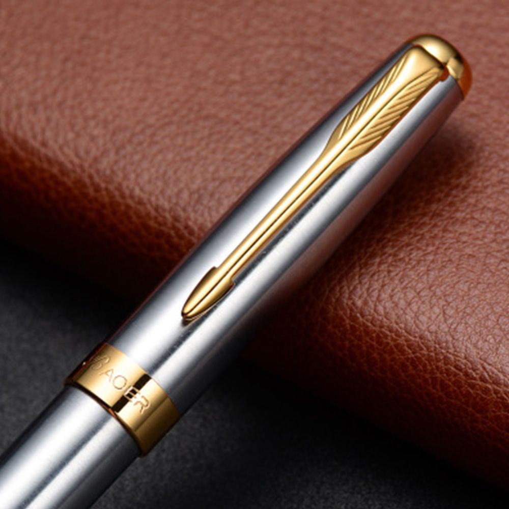 ELEGANT Classic Fountain Pen Medium Trim M Writing Supplies Silver Stainless Steel Business Golden Nib/Multicolor