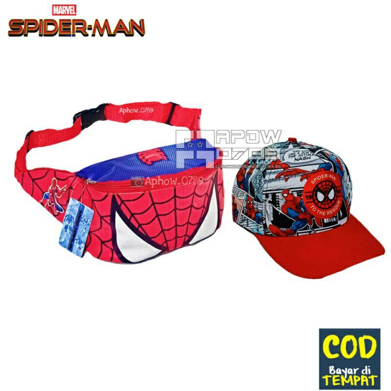 tas selempang anak dan topi anak karakter spiderman waist bag anak laki laki dan topi anak laki laki 2in1