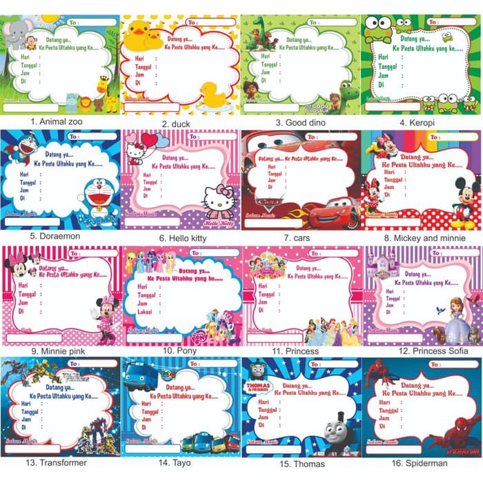 Undangan Ulang Tahun Kotak Perlengkapan Pesta Ultah Anak Motif Karakter Pernak Pernik Pesta