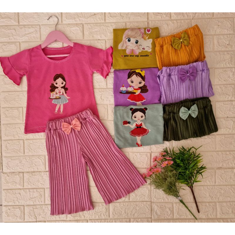 [GROSIR] [BUNDLE] Set Plisket Anak Perempuan Polos Sablon