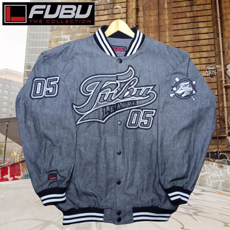 FUBU LEAGUE 05 JEANS DENIM VARSITY BASEBALL JACKET RARE VINTAGE ORIGINAL AUTHENTIC