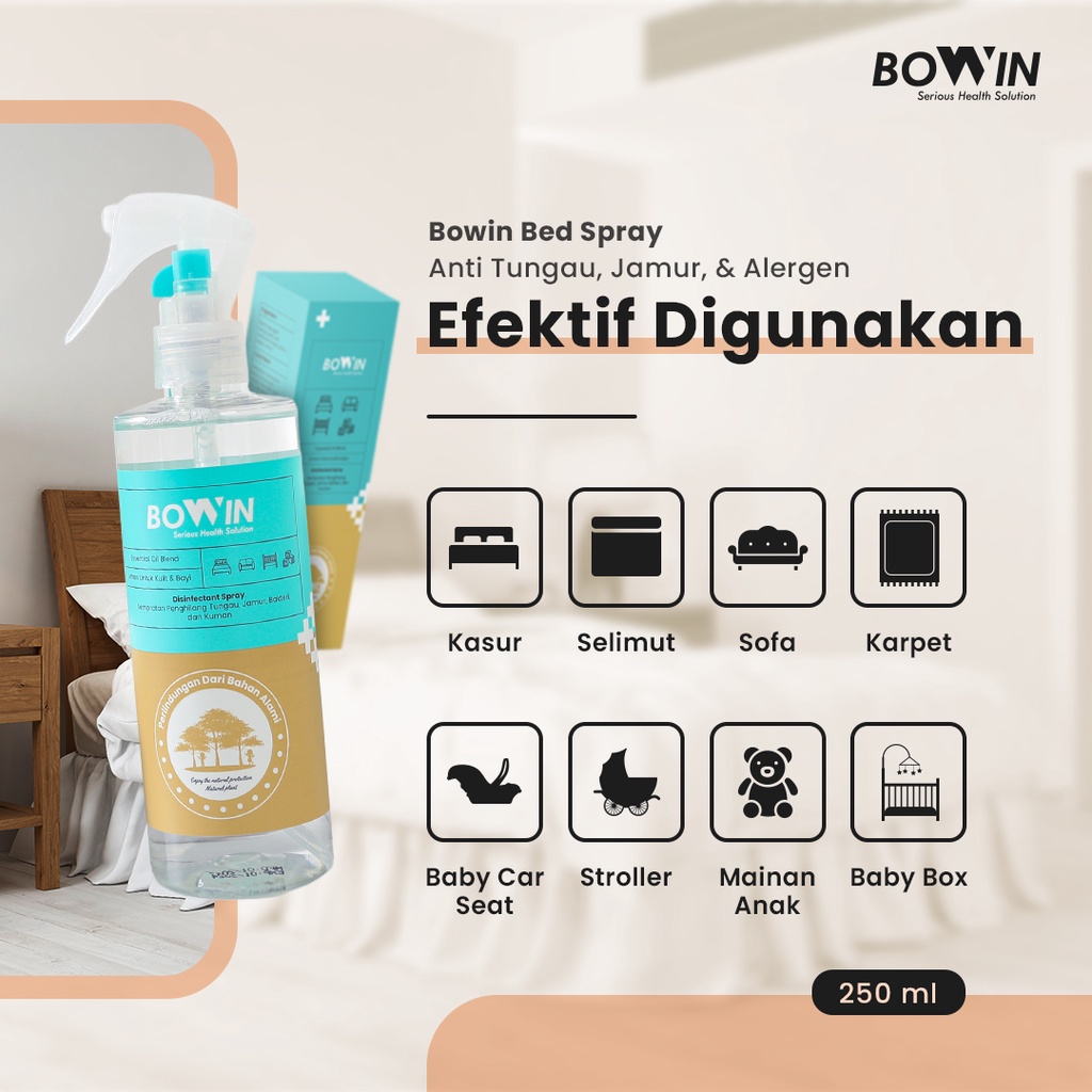 Bowin Anti Tungau Kasur &amp; Selimut - Bed &amp; Linen Spray 100% Organic  | Anti Bakteri, Kuman &amp; Virus | Essential Oil Aroma Therapy