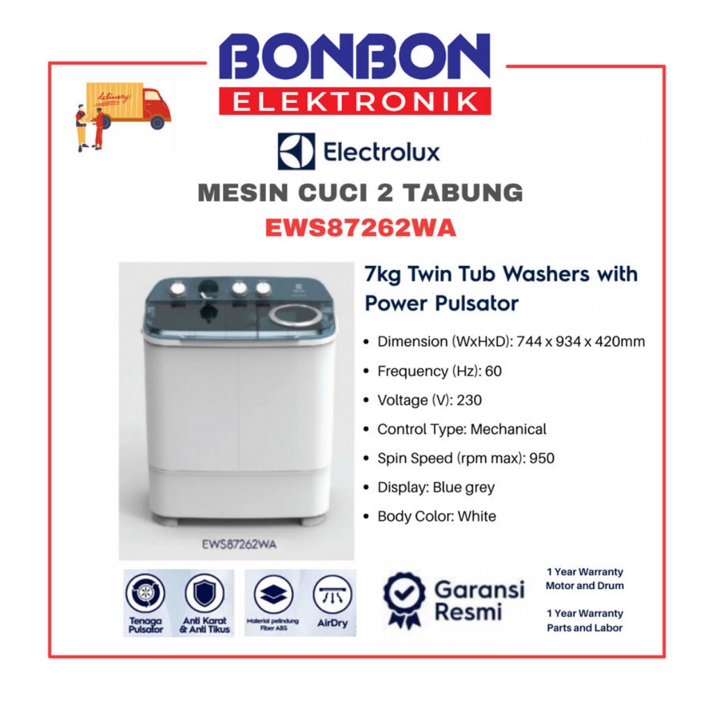 Electrolux Mesin Cuci 2 Tabung 7KG EWS87262WA / EWS 87262WA / 87262 WA