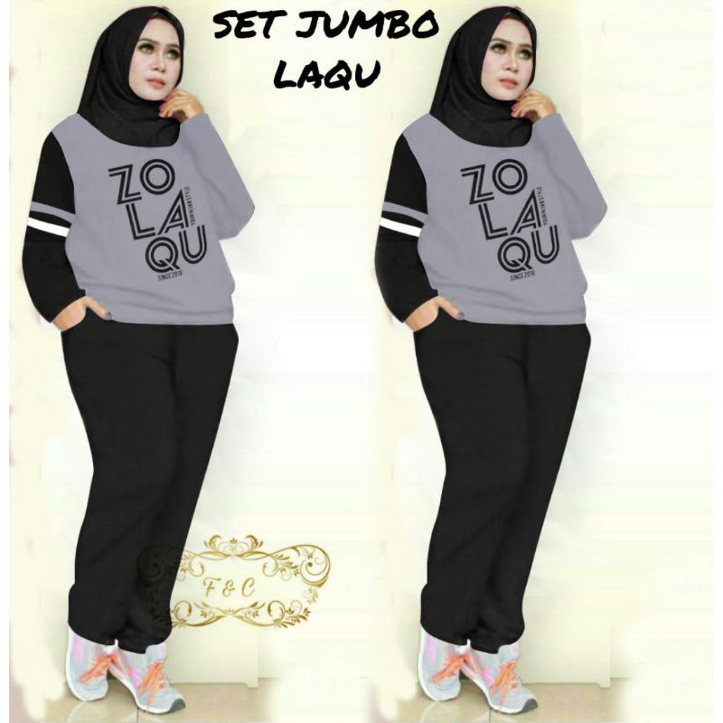 SET LAQU JUMBO FASHION PAKAIAN WANITA SETELAN ATASAN DAN CELANA TRAINING ZOLU BIGSIZE FEHM