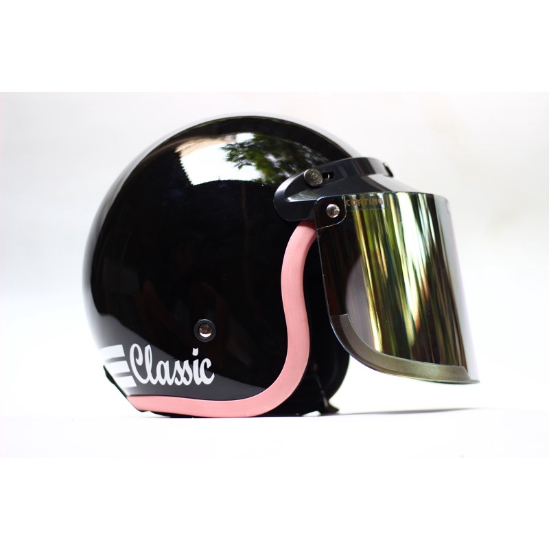 (BISA BAYAR DI TEMPAT)Helm bogo retro pria dan wanita hijab classic original sni trendy list pink hitam glossy list pink kaca datar (BISA COD)-HG list pink kdgold