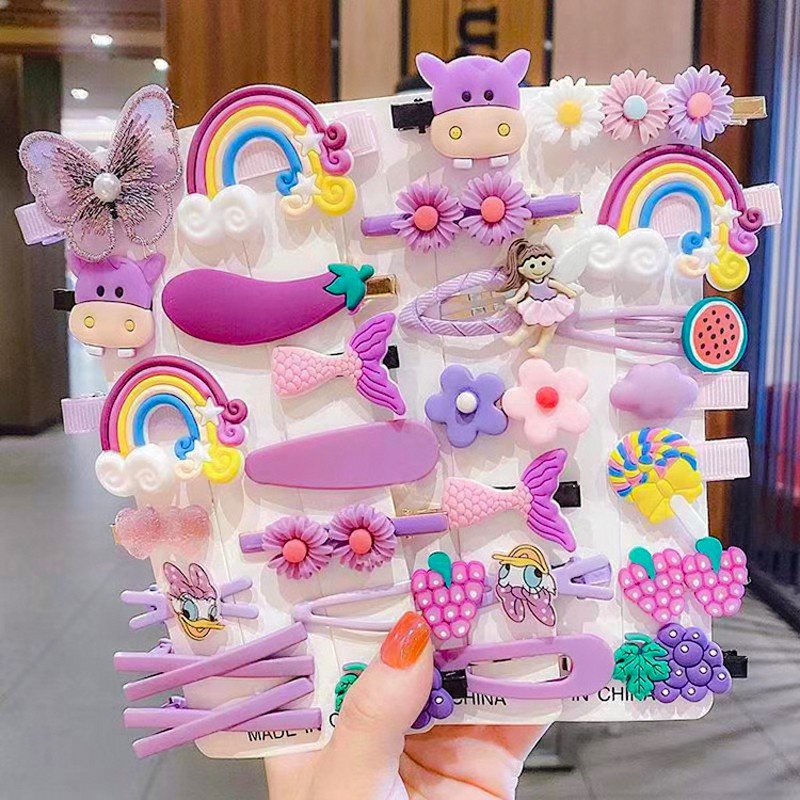 [14Pcs/Set Little Girls Korean INS Style Small Cute Baby Animal Flower Rainbow Decoration Bangs Clip Sets ] [Girls Sweet Style Hairpin Cartoons Hairpin] [Kids Daily Fashion BB Barrettes]