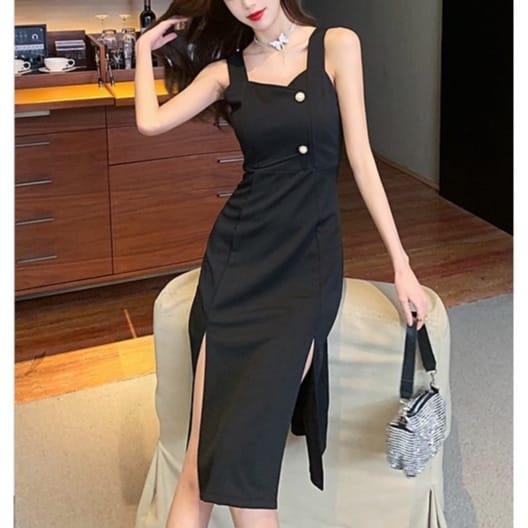 BLACK MIDI DRESS SEXY TANPA LENGAN BELAH BAWAH DRESS CASUAL HITAM IMPORT KOREAN LOOKS
