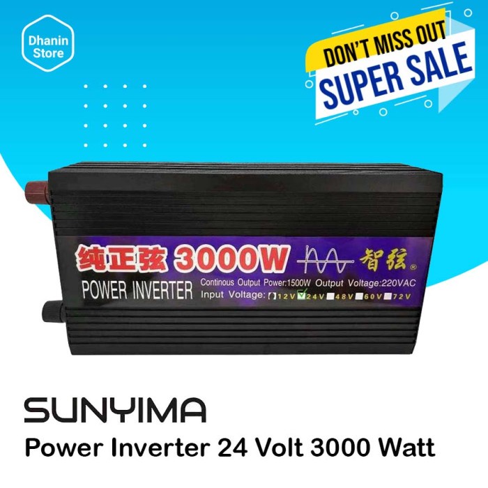 Power Inverter inventer inferter DC 24V Ke To AC 220V Pure Sine Wave PSW Mobil 3000 Watt Sunyima