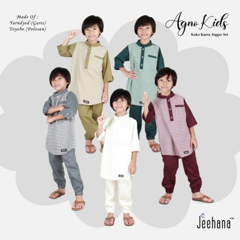 Koko Agno - Agnia Kids / Baju Koko Setelan Anak Celana Joger Muslim Putih BW Bahan Motif Salur Garis