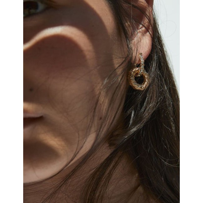 LRC Anting Tusuk Fashion Gold Alloy Circle Chain Stud Earrings F99707