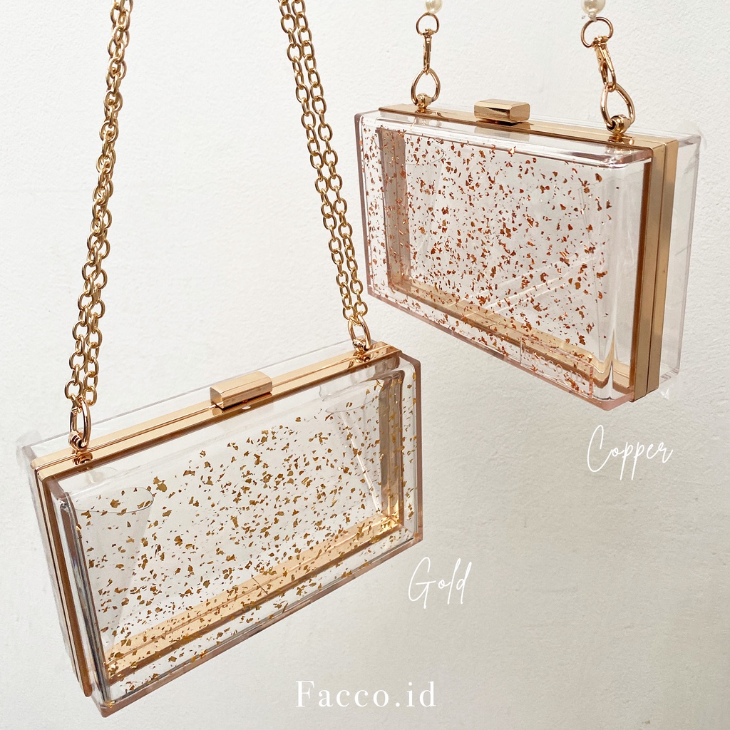 TAS RESIN, FACCO Flower Clutch POLOS GOLD SILVER COPPER / Tas Pesta / Tas Kaca / Akrilik Acrylic / H