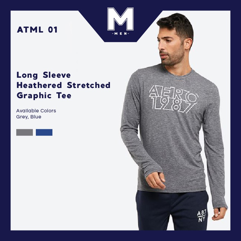 [2 Warna] Aeropostale Kaos Pria - Long Sleeve Heathered Stretch Graphic Tee