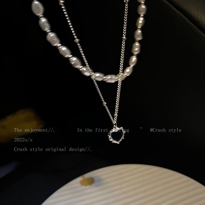 Kalung Rantai choker Liontin Hati Mutiara Ganda Warna Hitam Untuk Aksesoris Perhiasan Wanita