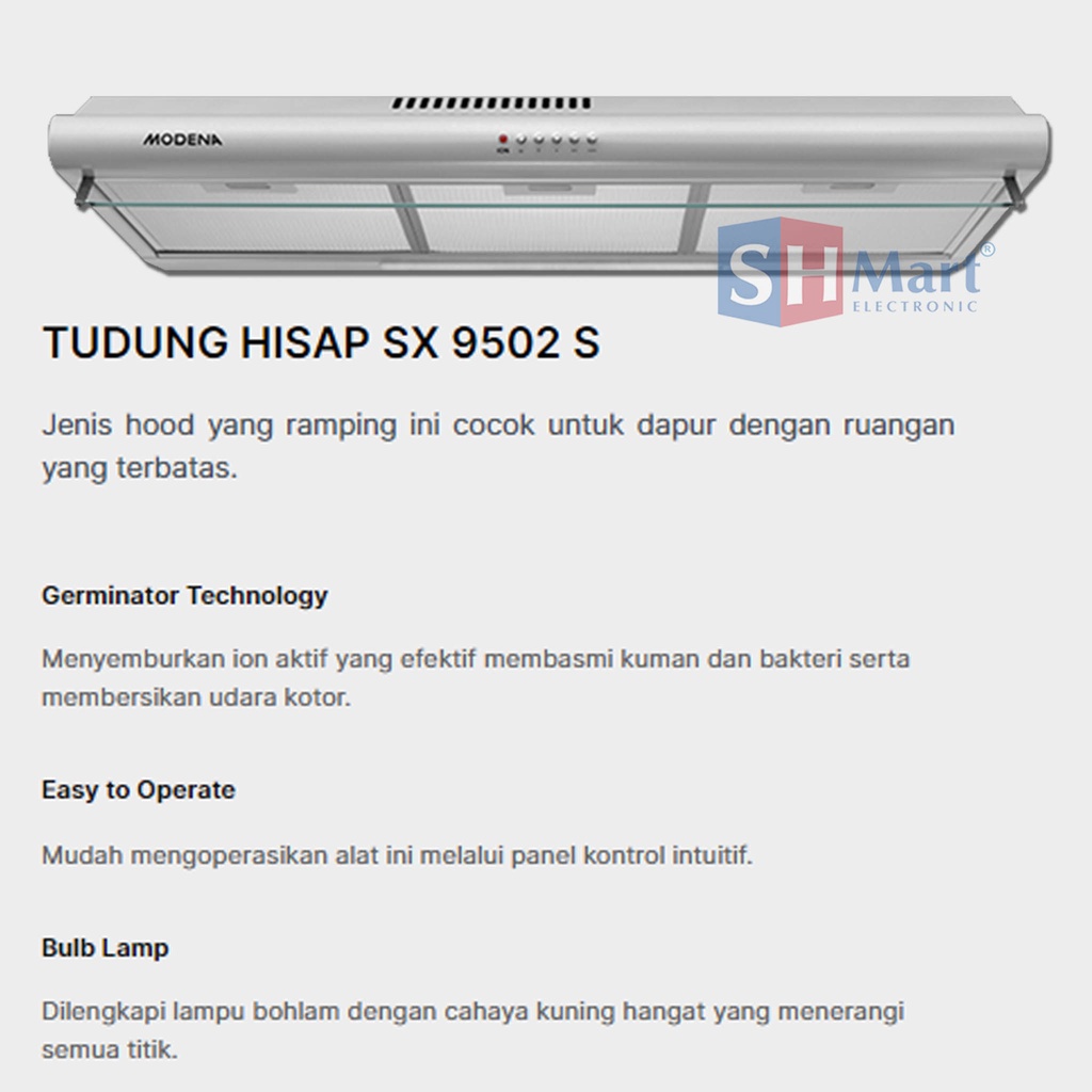 COOKER HOOD MODENA 90 CM PENGHISAP ASAP DAPUR MODENA SX9502V / SX9502S GARANSI RESMI (MEDAN)