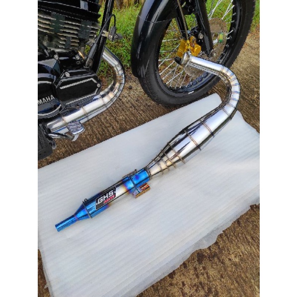 Knalpot GHS RX KING Kolong Kompetisi Chrome Cacing Ujung Biru Super Garing Istimewa