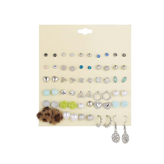 LRC Anting set Fashion Silver Leopard Heart Love Flower Stud Earring Set D76893