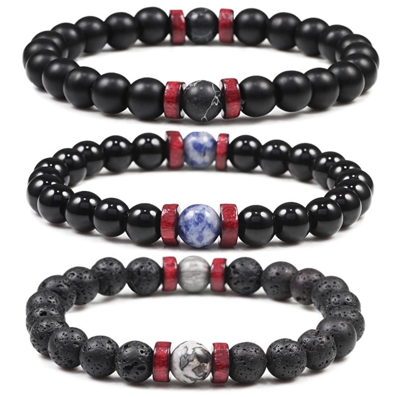 Gelang Tangan Unisex Dewasa Manik Batu Vulkanik Chakra Pereda Stres Adjustable Gaya Tibet Buddha