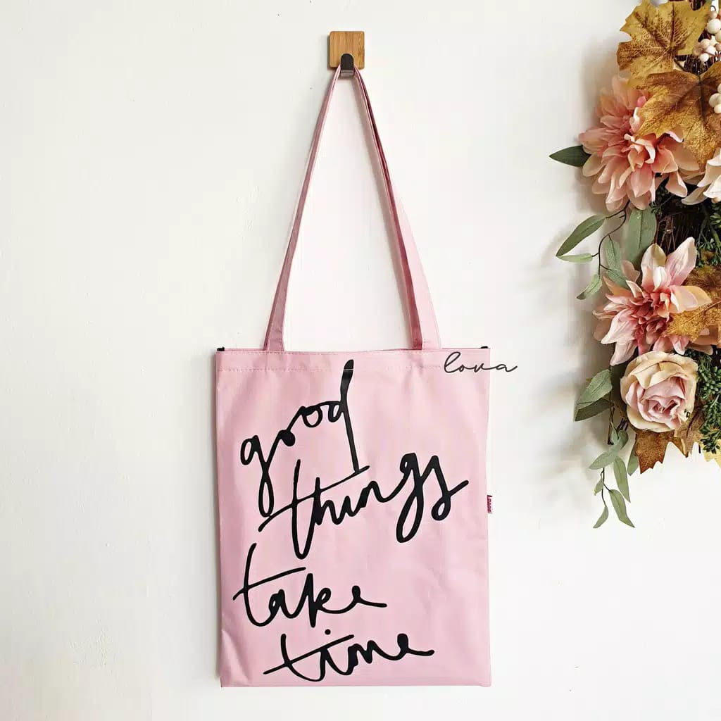 TOTE BAG WANITA GOOD THINGS TAKE TIMES TOTEBAG MURAH