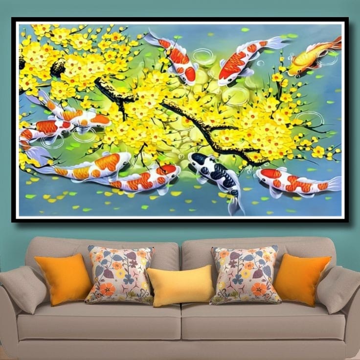 Lukisan Poster Ikan Koi hoki Fengshui 9 Jumbo 3 dimensi Xtra Besar Ukuran 70x50 cm 100x70cm 150x100c