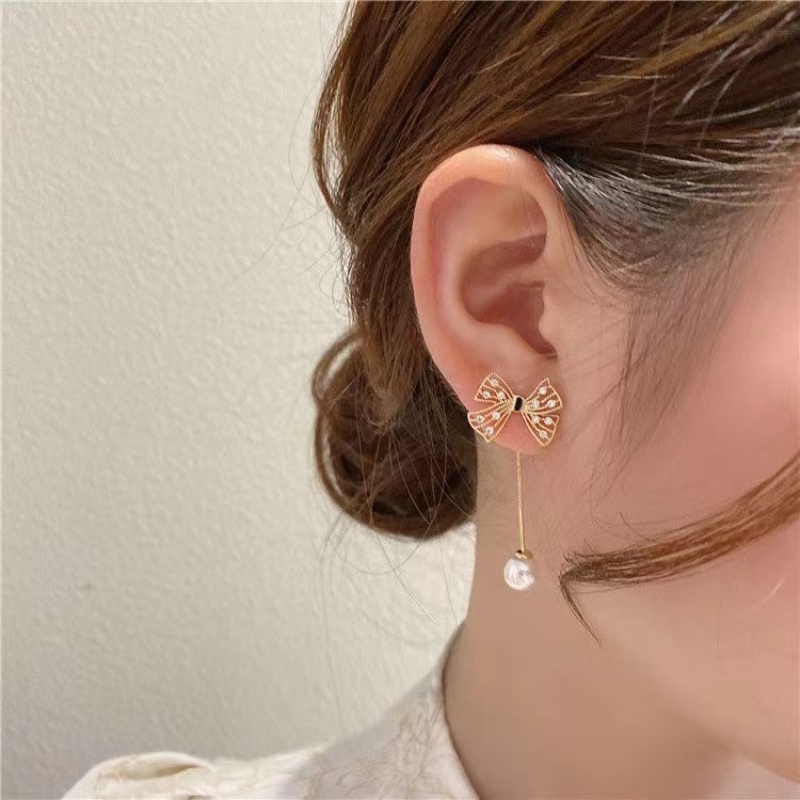 Anting Busur Berlian Berkilau Mutiara Berpohon Elegan Untuk Wanita Aksesoris Telinga Korea