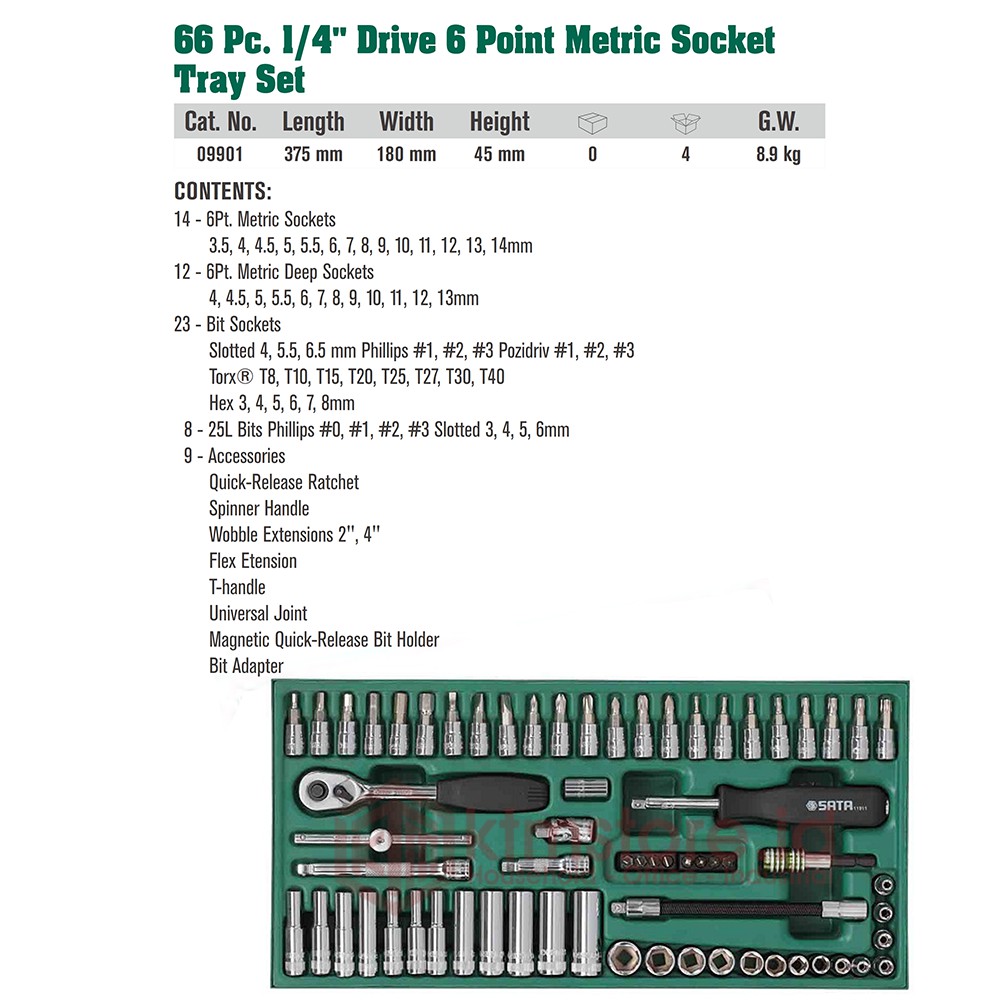 SATA Kunci Socket Set 66 pcs 1/4 INCH Metric 6pt Tray Set 09901