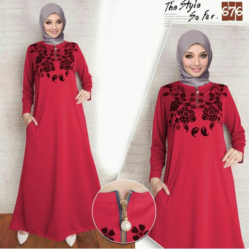 maxi bludru flow merah fashion wanita gamis dres baju muslim