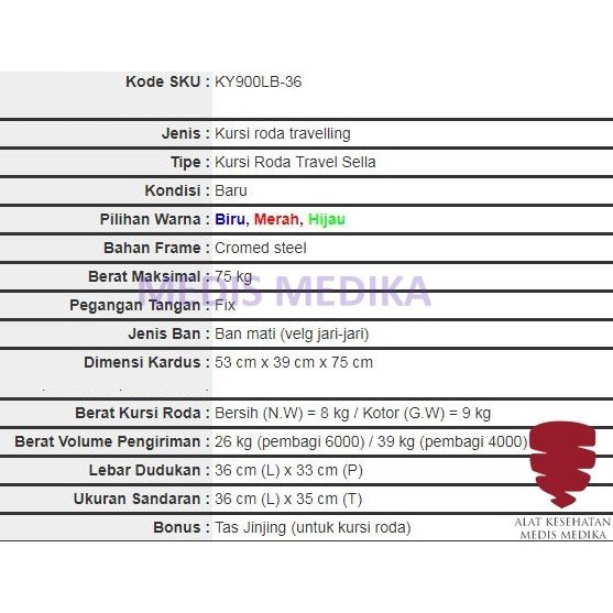 Kursi Roda Travelling Sella KY900LB Haji Umroh Lipat Traveling Travel KY 900 LB