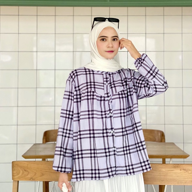 FREYA - BLOUSE KOREA MOTIF KOTAK PLAID BAHAN CRINKLE