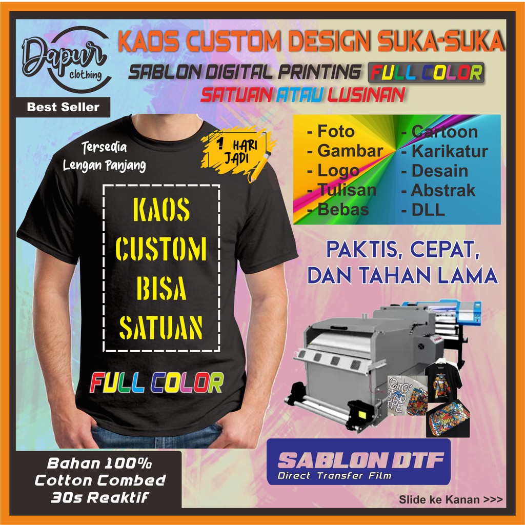 KAOS CUSTOM SABLON  SATUAN FULL COLOR BEBAS WARNA KAOS 