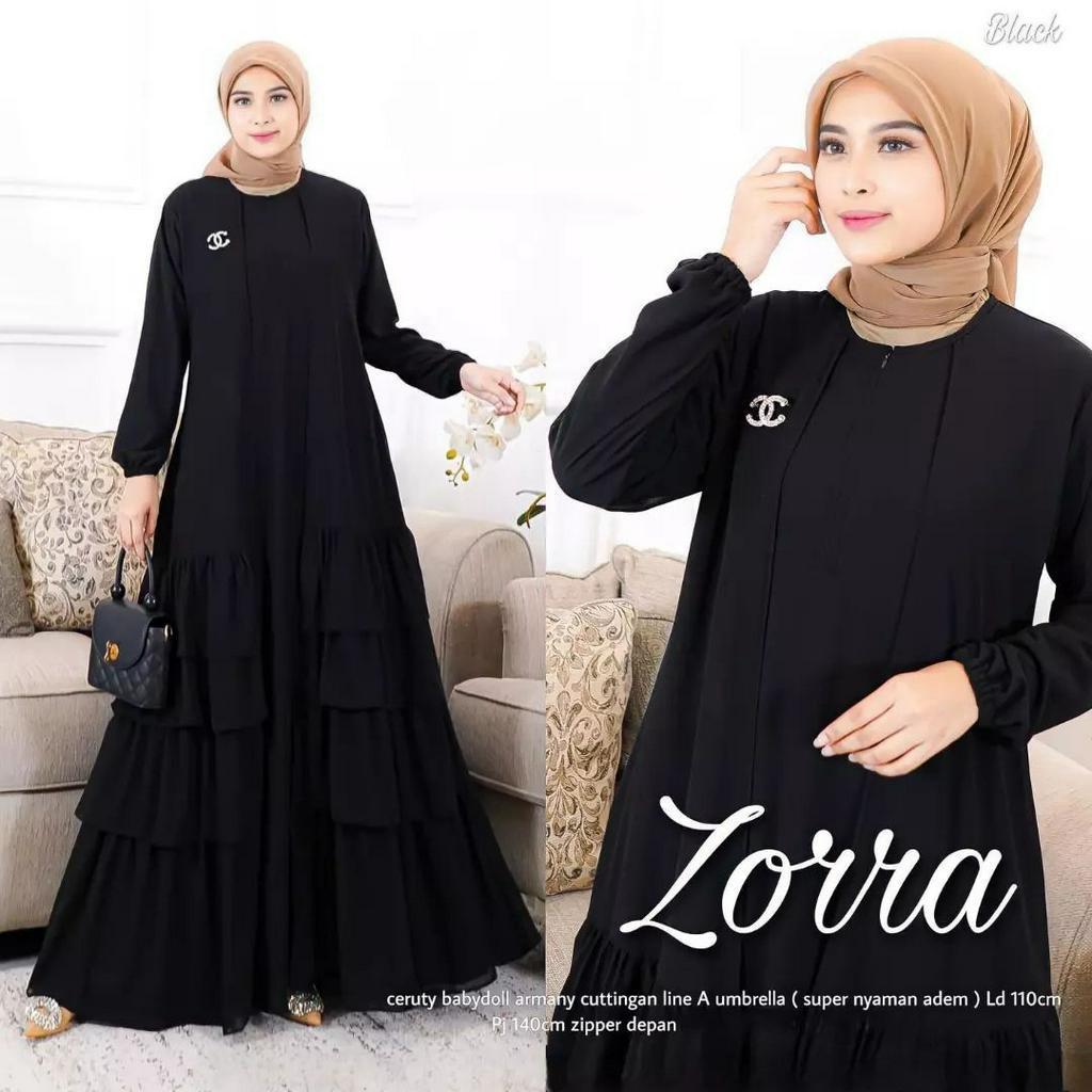 Gamis zorra dress bahan ceruty baby doll premium full furing / busui / resleting depan original